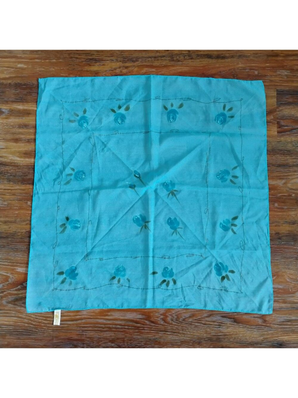 Hand-Painted Japanese Turquoise Square Scarf, Blue Floral Gold Trim, Japan 26x26